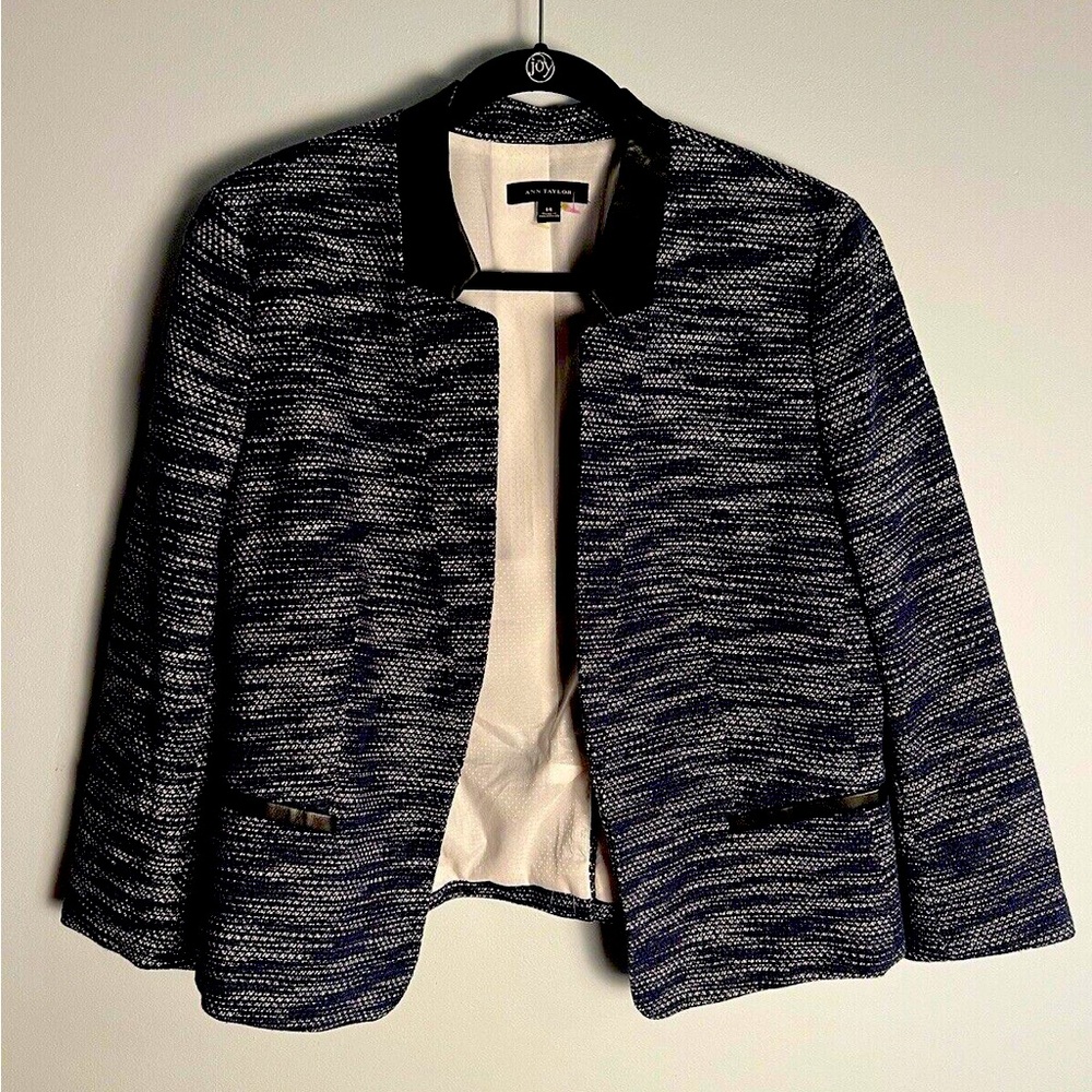 Ann Taylor Wool Blend Tweed Blazer Jacket Womens Size 14 Grey